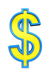 Dollar sign from yellow glass with blue frame alphabet set, isolated on white. Computer generated 3D photo rendering.