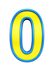 One digit from yellow glass with blue frame alphabet set, isolated on white. Computer generated 3D photo rendering.