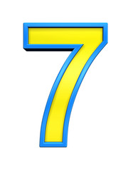One digit from yellow glass with blue frame alphabet set, isolated on white. Computer generated 3D photo rendering.