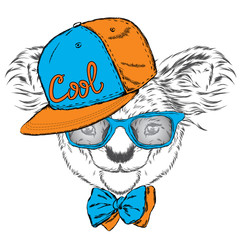 Obraz premium Cute koala in a cap and a tie. Koala vector. Greeting card with bear. Australia. America, USA. Koala wearing glasses.