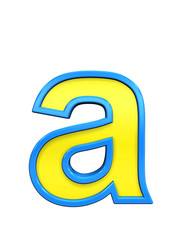 One lower case letter from yellow glass with blue frame alphabet set, isolated on white. Computer generated 3D photo rendering.
