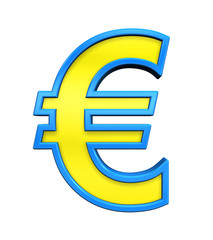 Euro sign from yellow glass with blue frame alphabet set, isolated on white. Computer generated 3D photo rendering.