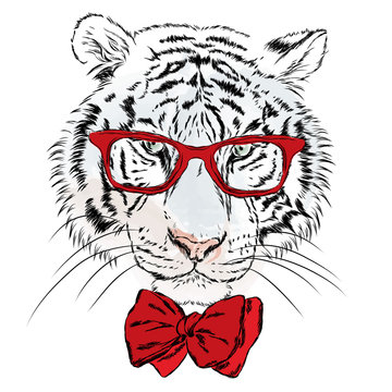 Vector tiger wearing glasses with hearts. St. Valentine's Day. Hipster. Greeting card with a tiger. Print.