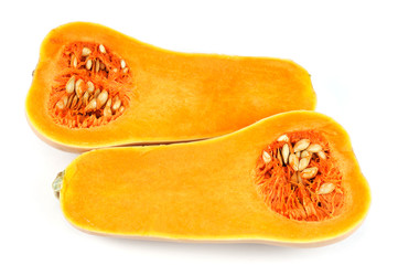 butternut squash cut in halves isolated on white background