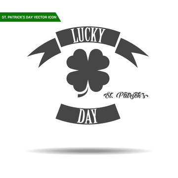 St Patricks Day emblem with clover and ribbons icon flat