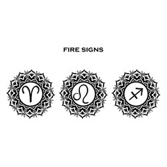 Zodiac symbols fire element mandala, Aries, Leo, Sagittarius