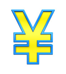Obraz premium Yen sign from yellow glass with blue frame alphabet set, isolated on white. Computer generated 3D photo rendering.
