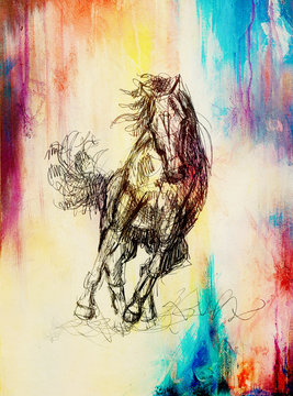 Draw pencil horse on old paper, vintage paper and old structure with color spots.