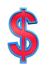 Dollar sign from red glass with blue frame alphabet set, isolated on white. Computer generated 3D photo rendering.