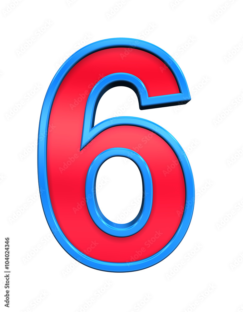 Fototapete one digit from red glass with blue frame alphabet set, isolated on white. computer generated 3d phot