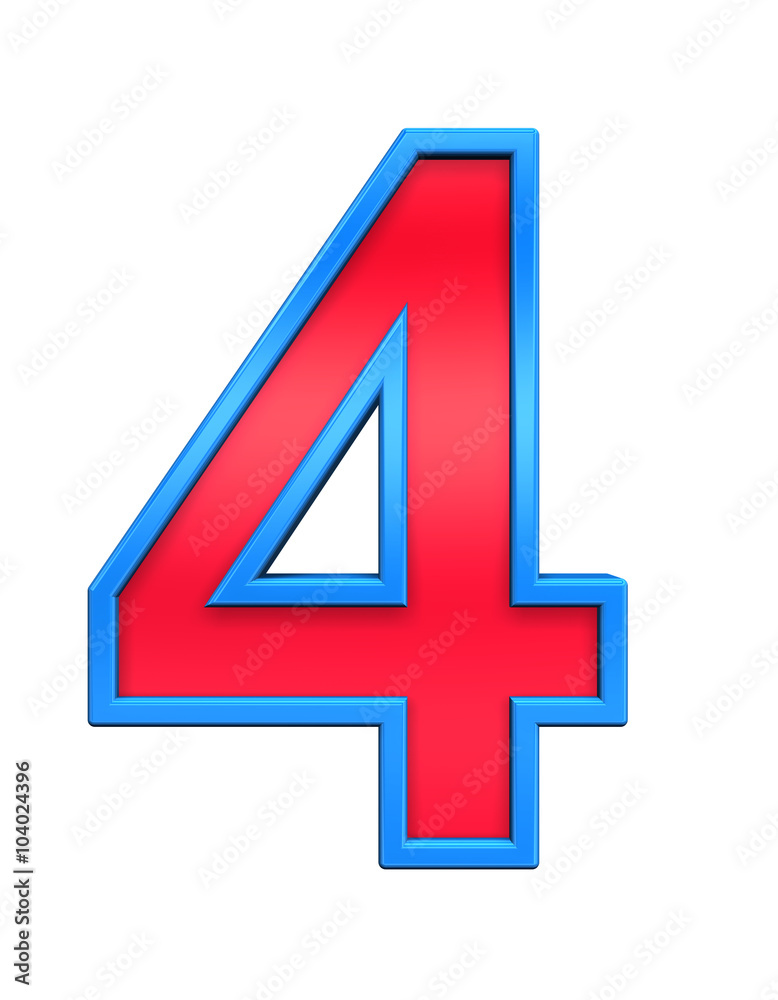Fototapete one digit from red glass with blue frame alphabet set, isolated on white. computer generated 3d phot