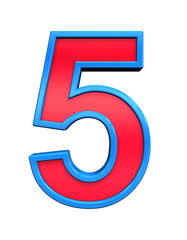 One digit from red glass with blue frame alphabet set, isolated on white. Computer generated 3D photo rendering.