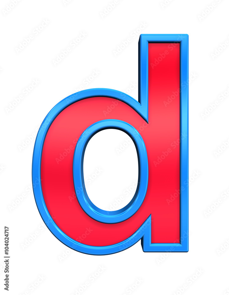 Fototapete one lower case letter from red glass with blue frame alphabet set, isolated on white. computer gener