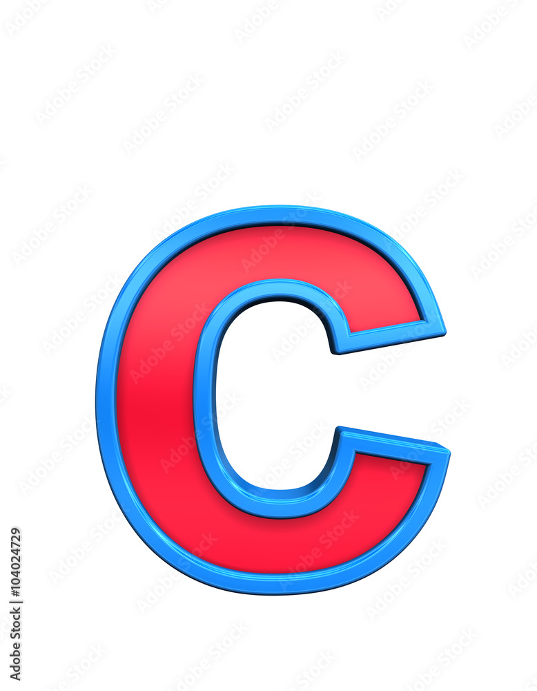 Fototapete one lower case letter from red glass with blue frame alphabet set, isolated on white. computer gener