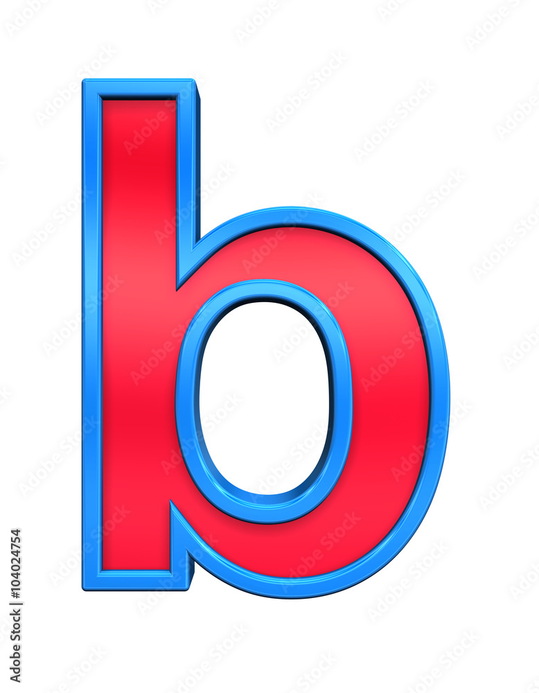 Fototapete one lower case letter from red glass with blue frame alphabet set, isolated on white. computer gener