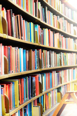 Bookshelf in public library, ladder