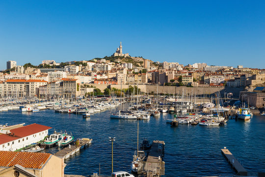 Marseille. View of the Old Port and the Basilique Notre-Dame de la Garde