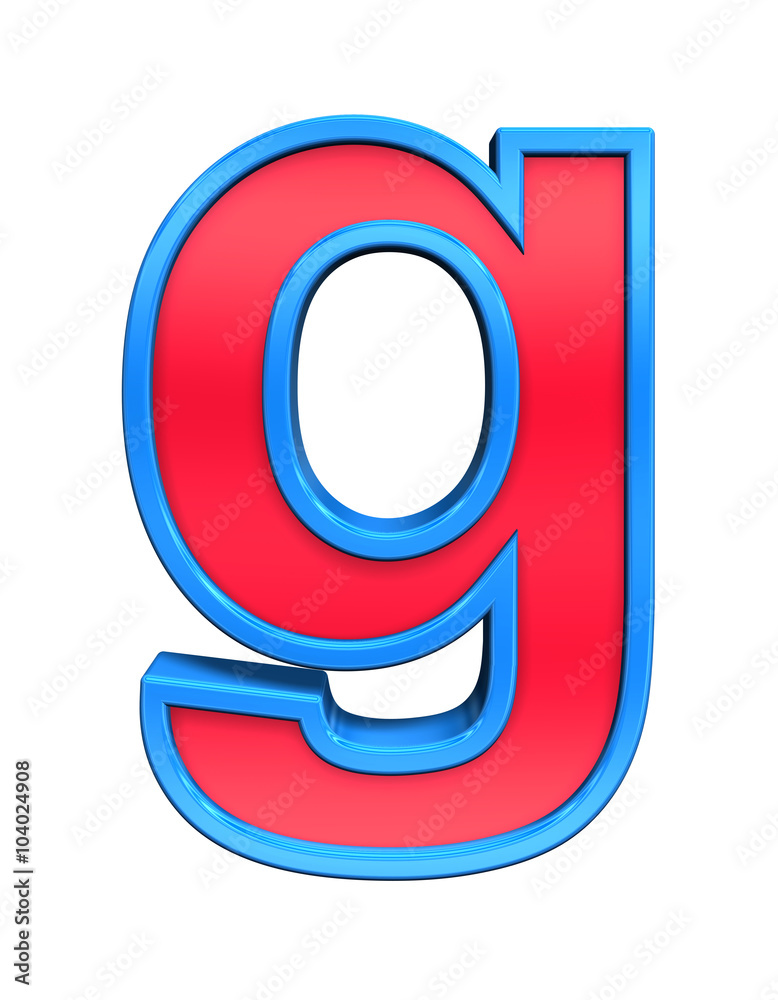 Fototapete one lower case letter from red glass with blue frame alphabet set, isolated on white. computer gener