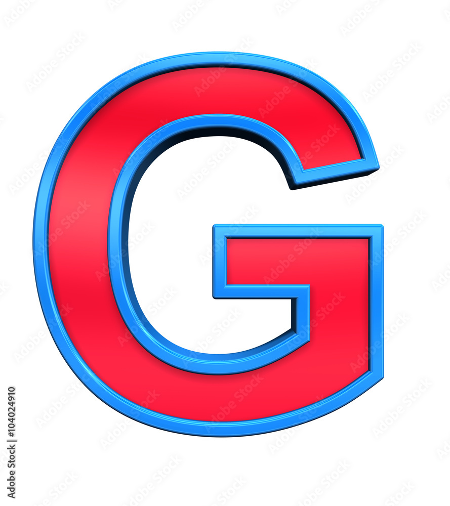 Fototapete one letter from red glass with blue frame alphabet set, isolated on white. computer generated 3d pho