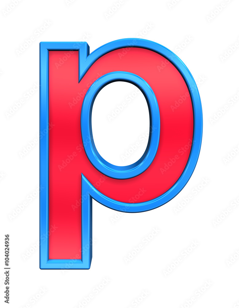 Fototapete one lower case letter from red glass with blue frame alphabet set, isolated on white. computer gener
