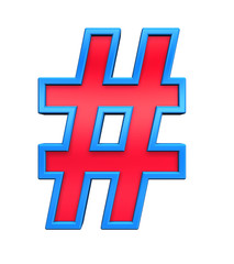 Obraz premium Number mark sign from redglass with blue frame alphabet set, isolated on white. Computer generated 3D photo rendering.