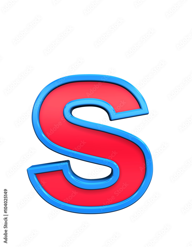 Fototapete one lower case letter from red glass with blue frame alphabet set, isolated on white. computer gener