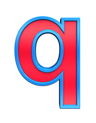 One lower case letter from red glass with blue frame alphabet set, isolated on white. Computer generated 3D photo rendering.