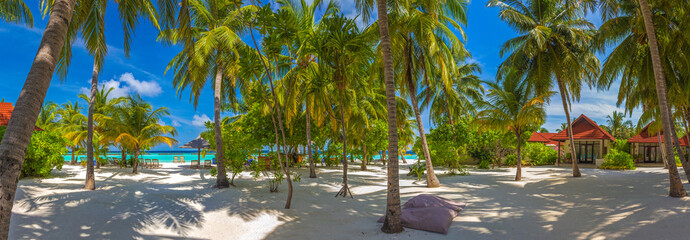 Beach panorama at Maldives under the palm trees