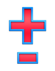 Hyphen, minus, plus marks from red glass with blue frame alphabet set, isolated on white. Computer generated 3D photo rendering.