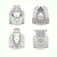 Japanese samurai warrior, viking, person man, native african aborigen. Set of character, avatar and person vector illustrations. Flat black and white outlined style.