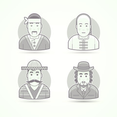 Japanese cook, Asian chief, Mexican citizen, Jewish orthodox man. Set of character, avatar and person vector illustrations. Flat black and white outlined style.