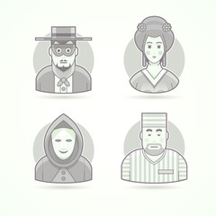 Anonymous, mask man, geisha, prisoner. Set of character, avatar and person vector illustrations. Flat black and white outlined style.