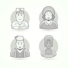 Eye doctor, rastaman, rock music fan, African woman. Set of character, avatar and person vector illustrations. Flat black and white outlined style.