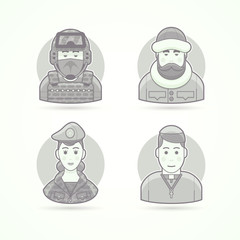 Special forces man, polar explorer, woman soldier, chursch priest. Set of character, avatar and person vector illustrations. Flat black and white outlined style.