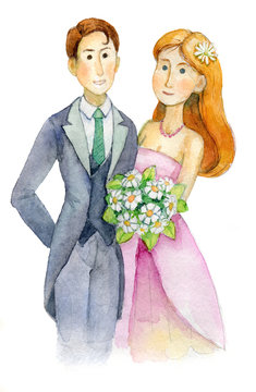 newlyweds, wedding, bride and groom, engaged couple, Wedding Party invitation, greeting card, watercolor, aquarelle