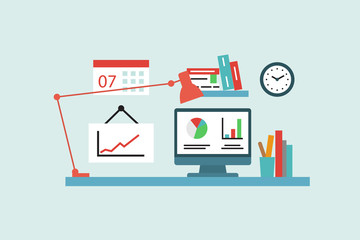 Computer desk, workplace illustration in flat style. Isolated blue background.