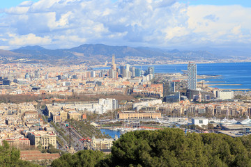 Fototapeta premium View from Montjuic to the coast of Barcelona including the marin