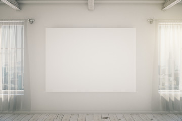 Bright empty interior with blank picture frame, mock up
