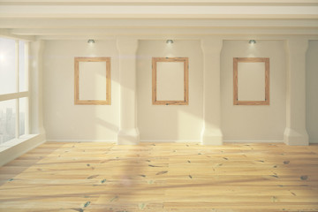 Blank wooden picture frames in empty room with wooden floor, moc