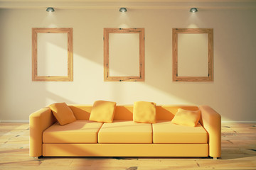 Blank wooden picture frames on the wall in modern room with yell