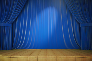 Wooden stage with blue curtains and spotlight, 3d render