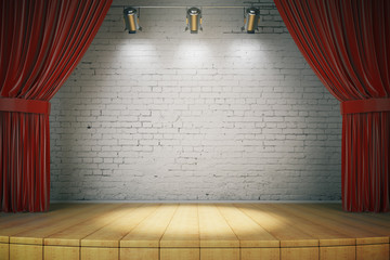 Wooden stage with red curtains and a white brick wall with spotl - obrazy, fototapety, plakaty