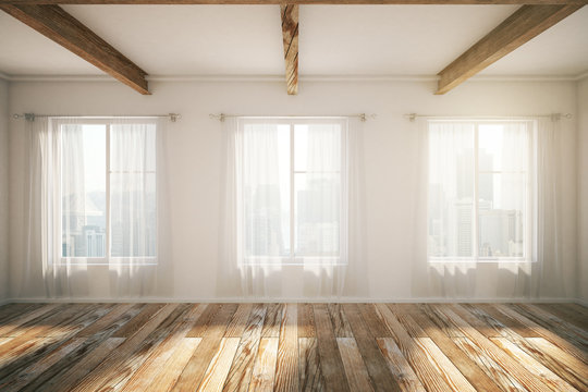 Loft interior with windows, brown parquet and curtains