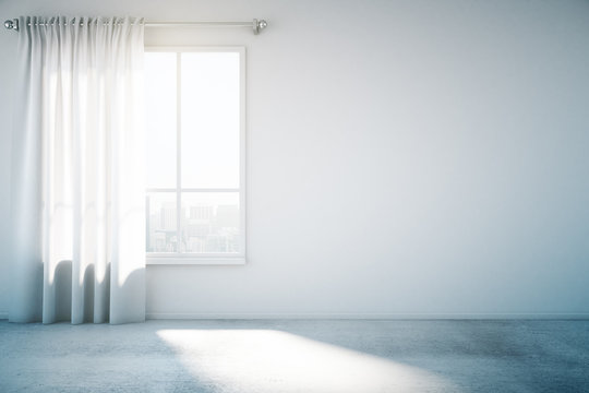 Blank white wall with window and concrete floor, mock up, 3d ren