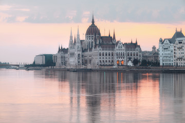 Parliament building in Budapest, Hungary, at dawn