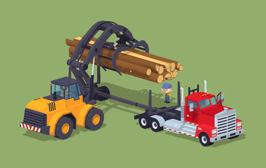 Logs loading on truck. 3D lowpoly isometric vector concept illustration