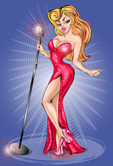 Sexy pin-up girl wearing red dress, singing with microphone