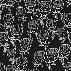 Black and white seamless pattern with romantic flowers buds.