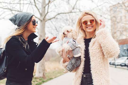two young caucasian cute girls portrait with dog outdoor in park walking happy and smile all the way
