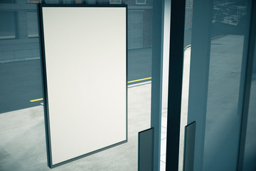 Blank white signboard on glassy wall of building, mock up, 3D re